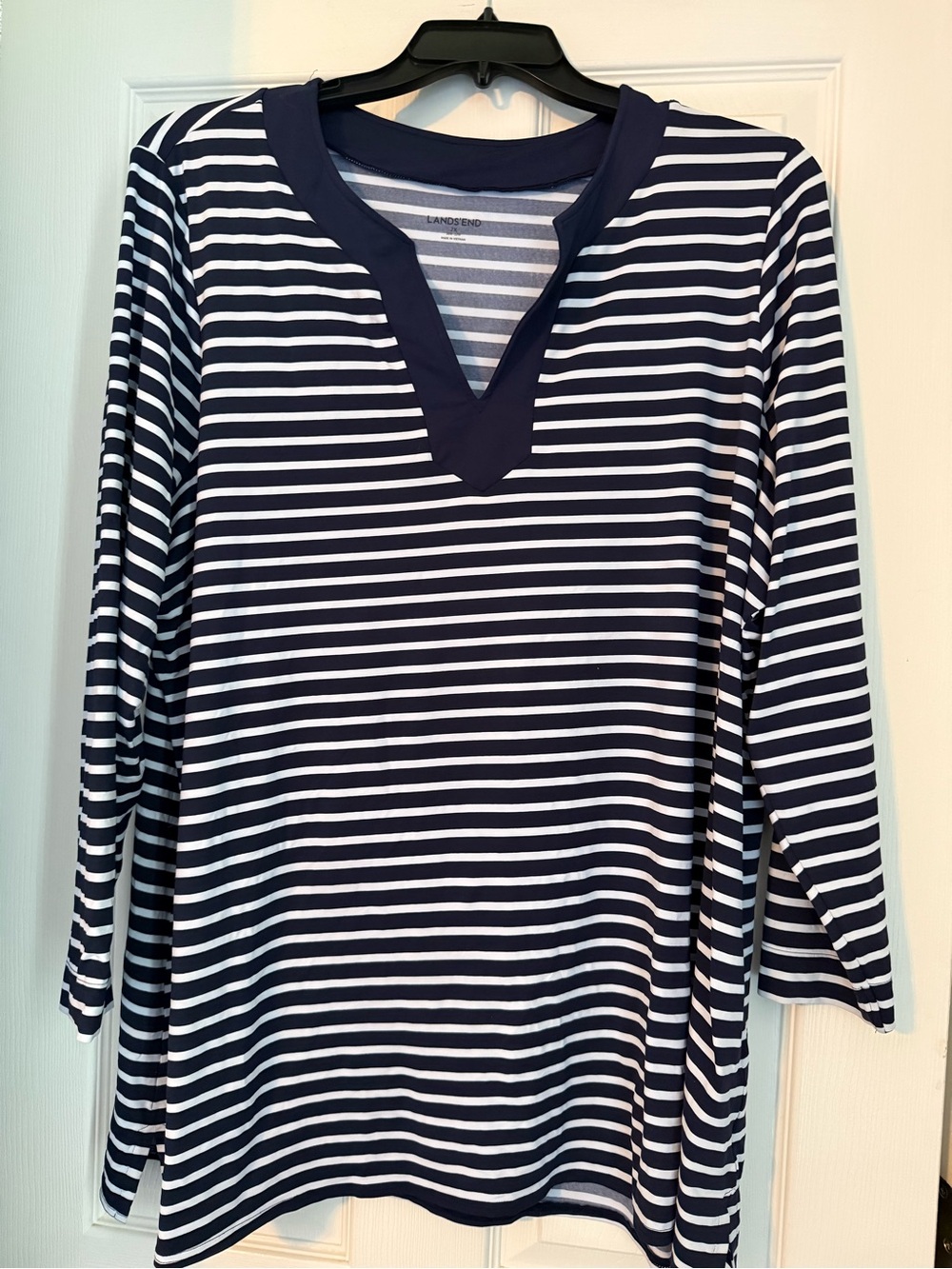Lands' End Navy and White Striped V-Neck Swim Coverup - 2XL